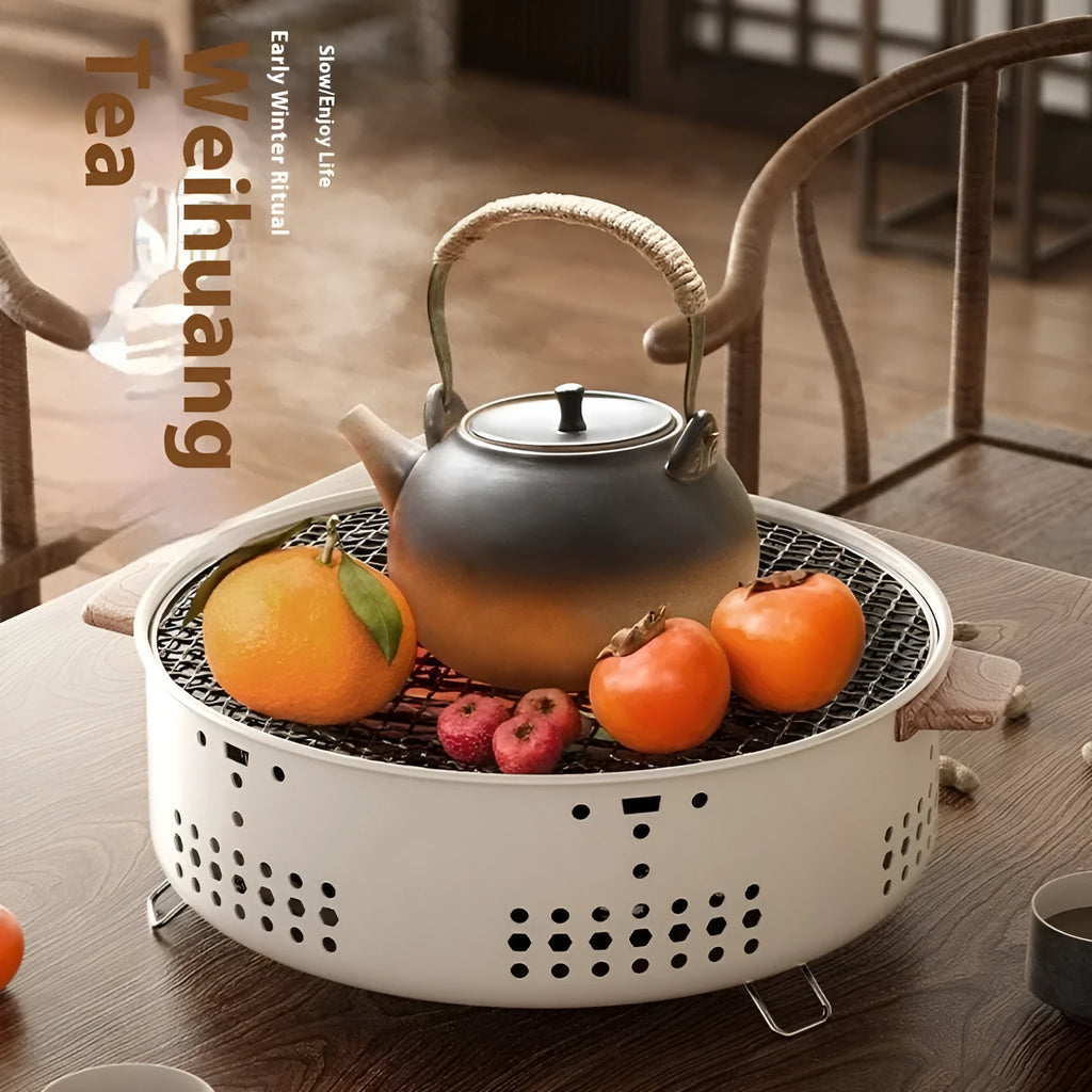 Portable indoor charcoal stove with grill rack disc for baking and tea cooking