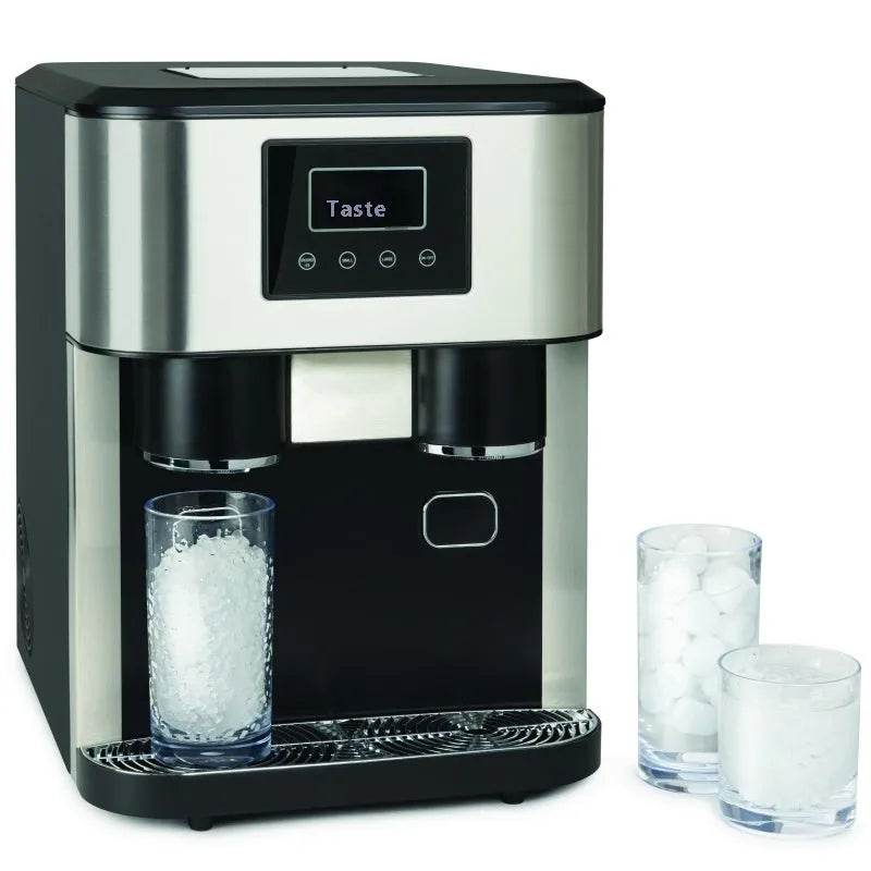 Black desktop ice making machine with stainless steel interior, showing ice maker, crusher, and cold water dispenser functions