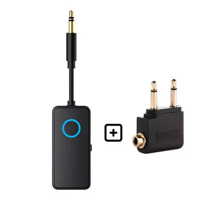 Black Bluetooth 5.4 audio adapter with flexible 3.5mm plug for wireless connectivity.