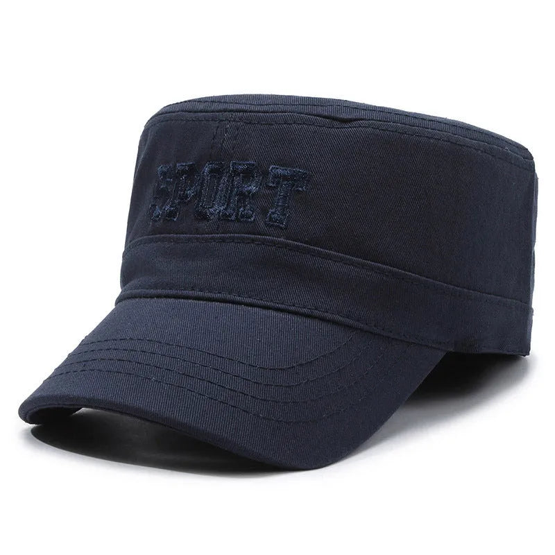 Men's flat-top peaked cotton cap in army green colour with an adjustable strap.