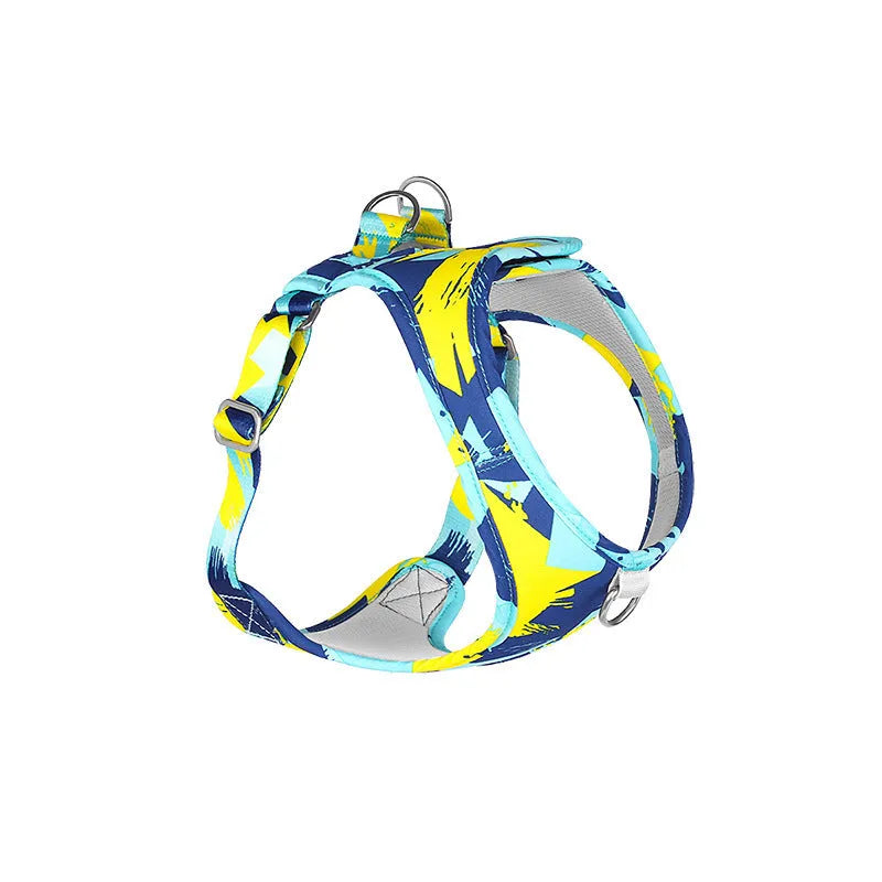 Printed breathable polyester pet harness suit in blue and white camouflage with traction rope, side view on dog