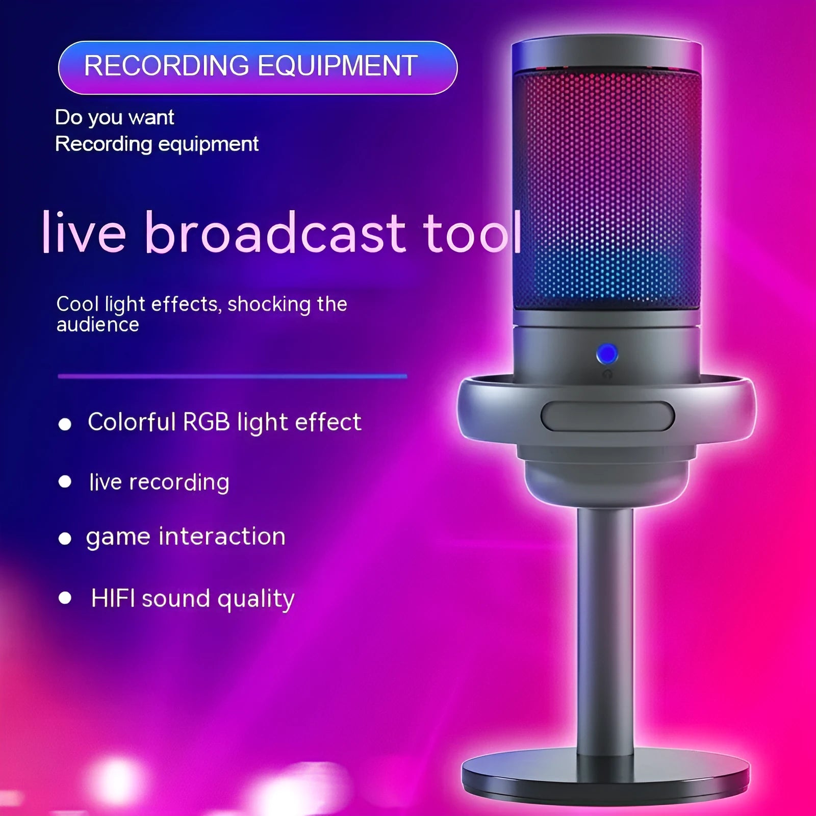RGB condenser USB microphone for computer recording and live streaming in black colour