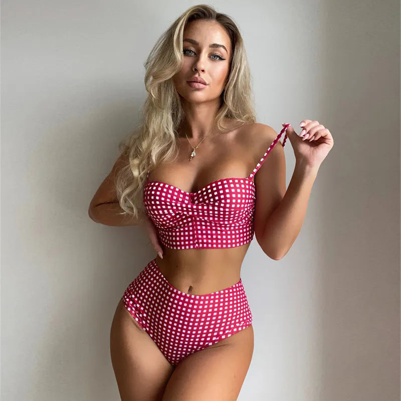 Women's high waist bikini swimsuit in plaid design with separate top and briefs