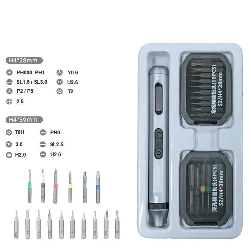 Aluminium alloy precision electric screwdriver with display showing its 134.5mm length and compact design.