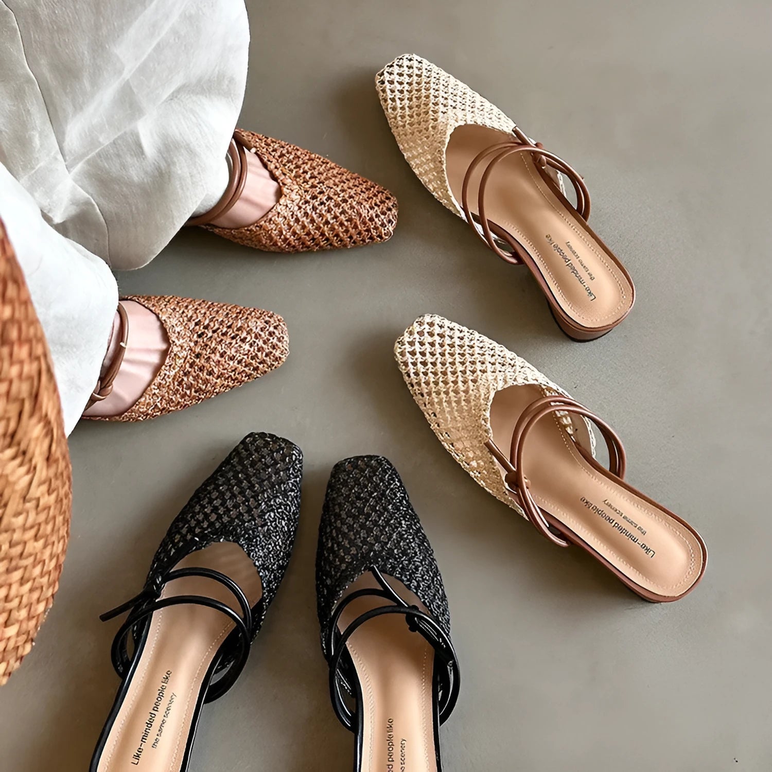 Women's black square toe slippers with hollow-out design and a thick chunky heel