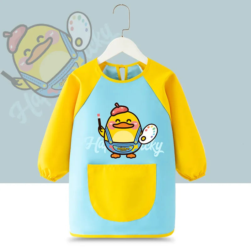 Children's waterproof painting apron with cartoon design in pink rabbit pattern, polyester fabric, inside-out style