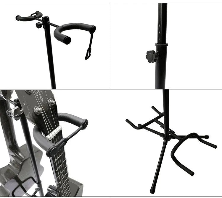 Vertical black iron double-headed adjustable guitar stand holding two guitars