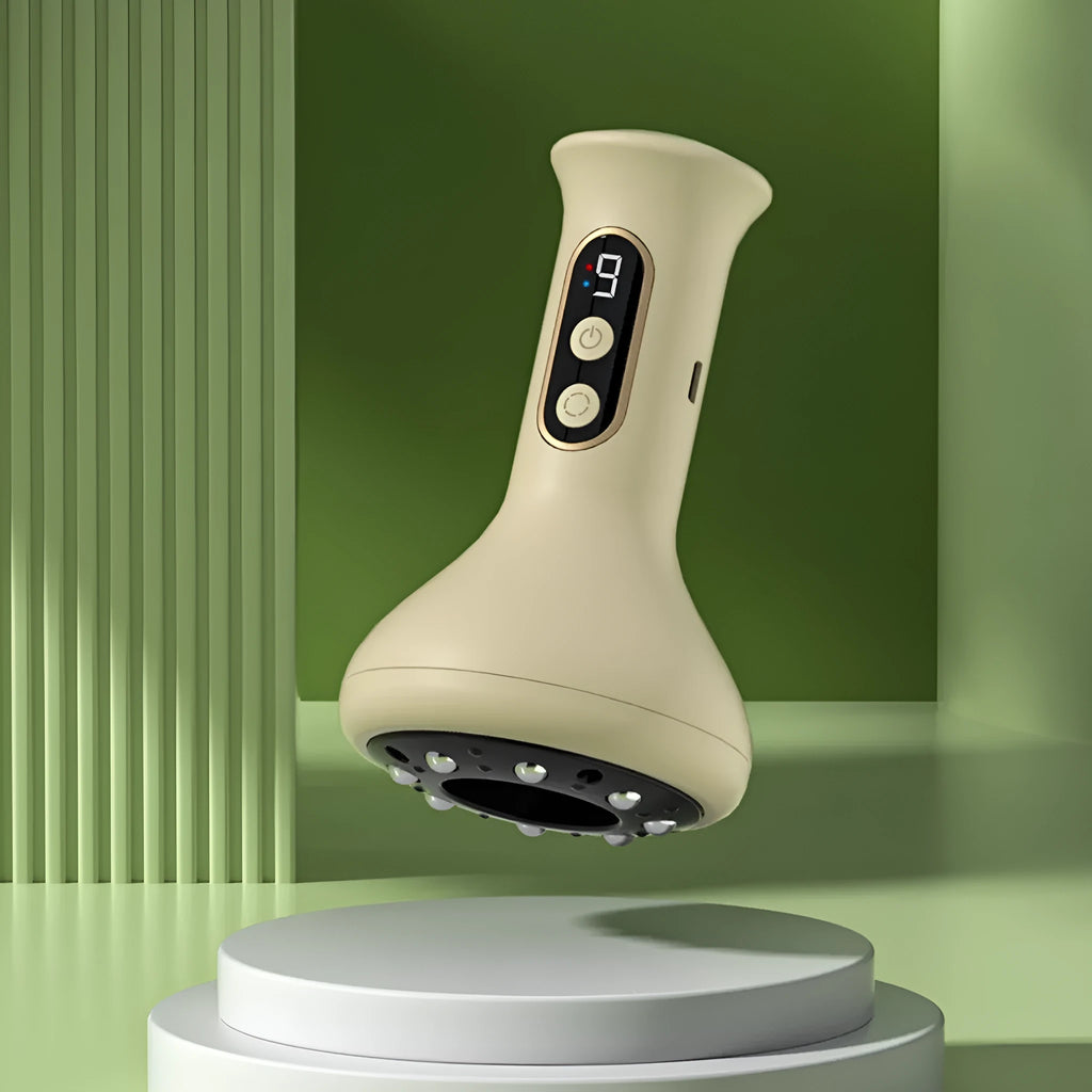 Light yellow BG01 smart cupping device with UK plug and charging cable on a surface