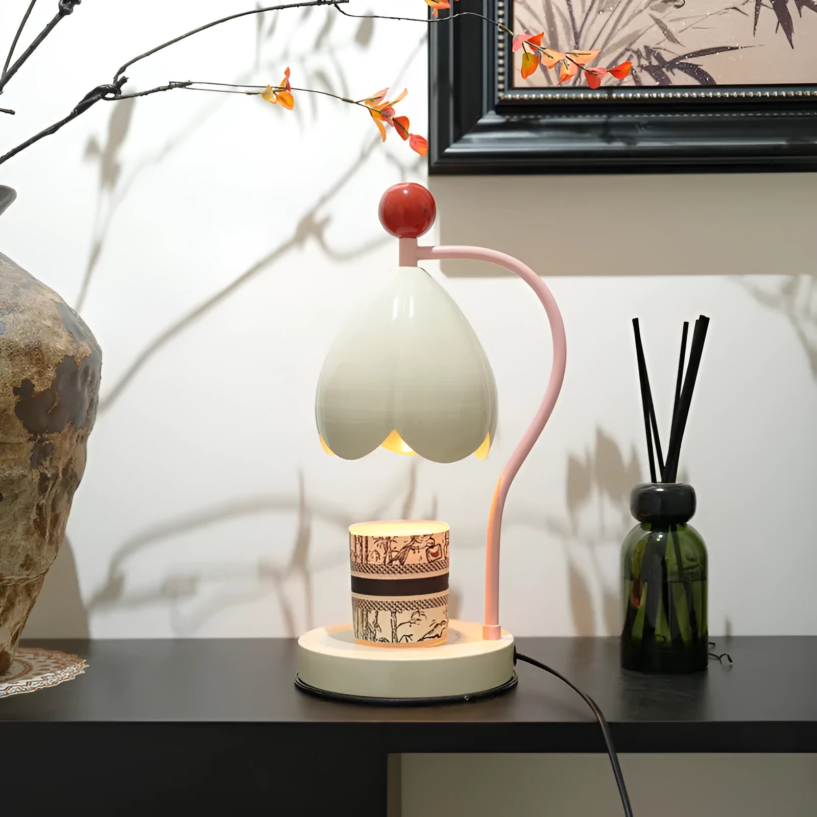 Ancient style LED melting wax lamp in cream white or dark green metal holder with simulated candle flame effect