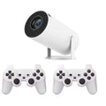 White X10 PLUS portable projection game machine with remote control and gamepad on wooden surface