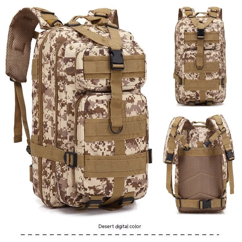 Large khaki hiking backpack with air pillow belt system shown for off-road use.
