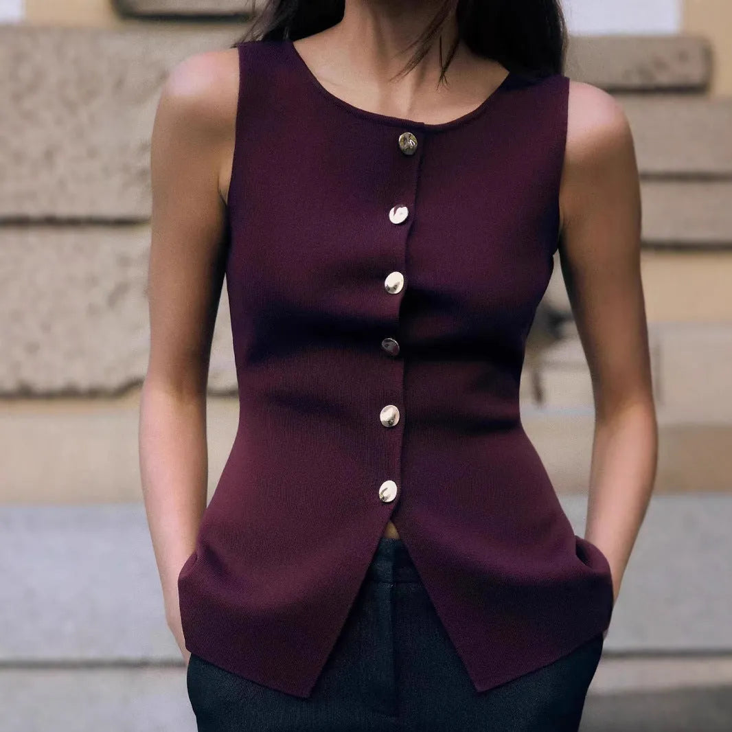 Women's dark red sleeveless sweater vest with slim fit and 3D pattern design