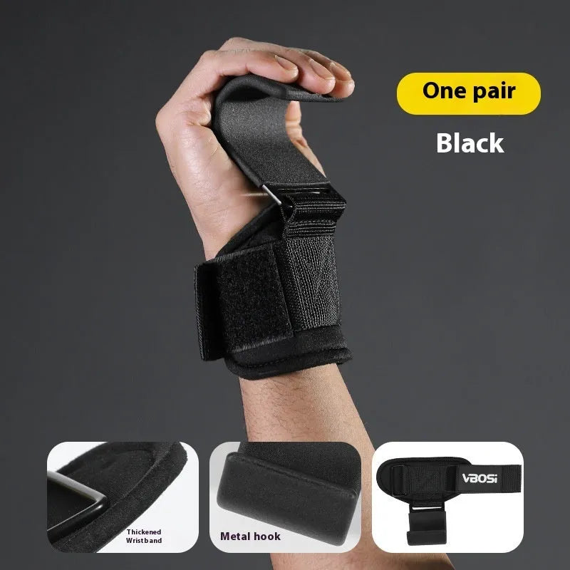 Horizontal bar pull-up power assist grip hook in black for weightlifting training with padded wrist support