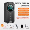 Black wireless portable car air pump with digital display, 6000mAh battery, and accessories including nozzles and carry bag