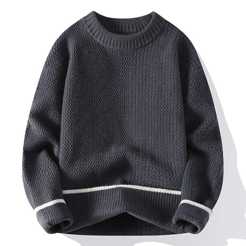 Men's loose fit knit sweater in polyester blend fabric showing round neck and long sleeve design