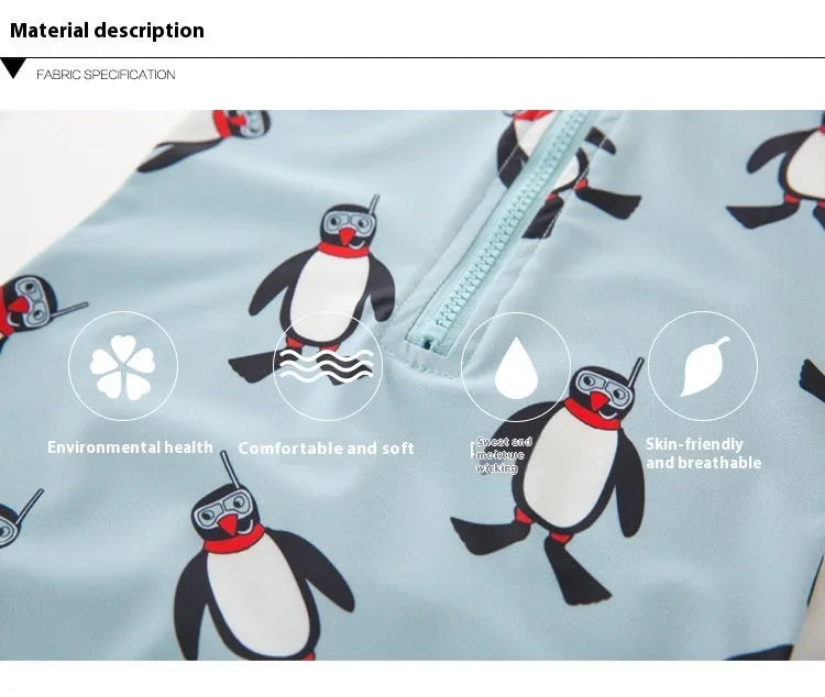 Boy's penguin print long sleeve swimsuit two-piece set with matching swimming cap
