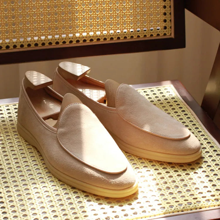 British handmade men's genuine leather loafers in brown with a flat TPR sole.