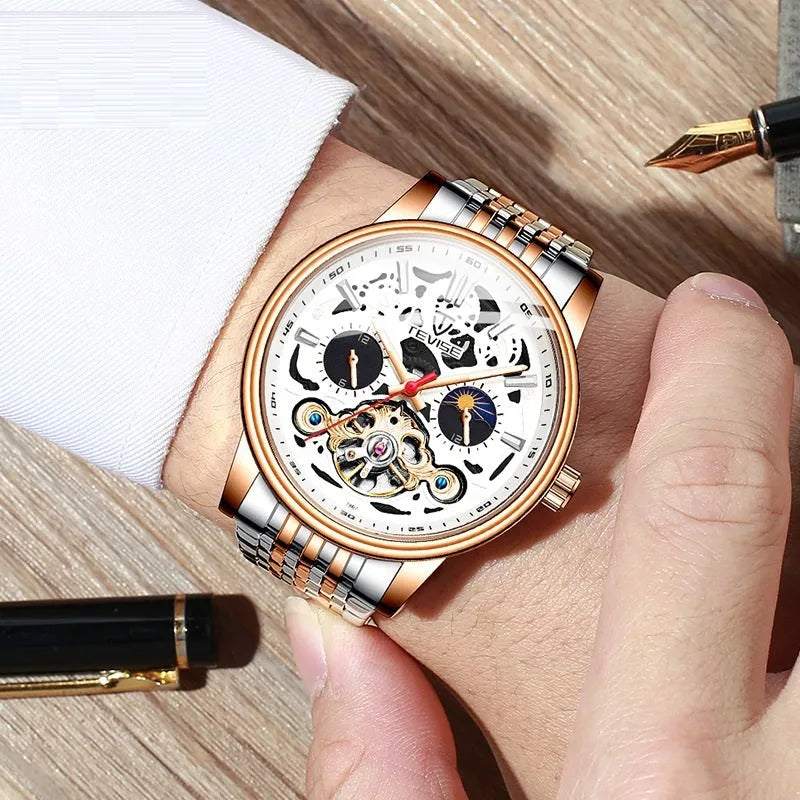 Men's casual tourbillon mechanical watch with luminous hands on a black leather strap.