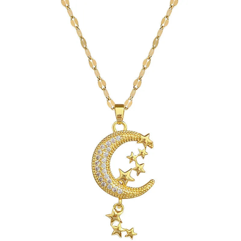 Moon tassel geometric necklace with copper pendant and stainless steel chain featuring full diamond detailing