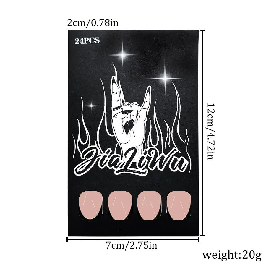 Set of 24 simple black French style false nails with a short almond shape on a clean background.