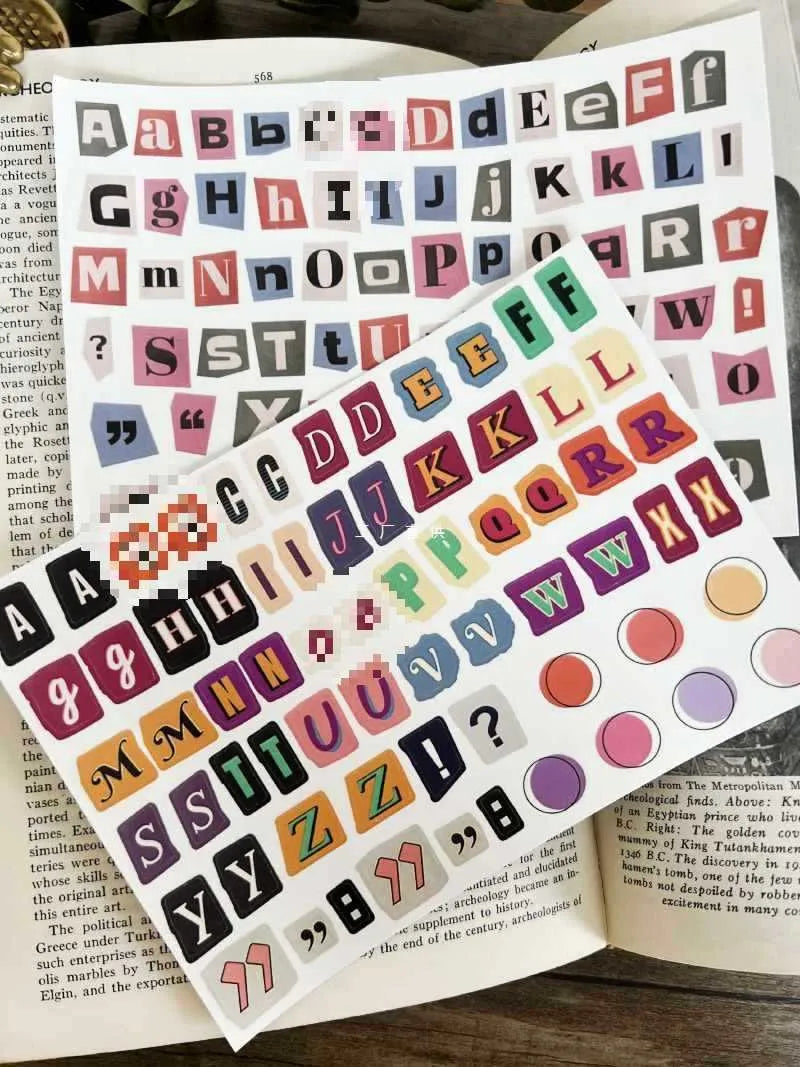 English letters and numbers symbol label stickers with alphabet sets and week words