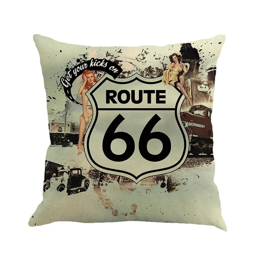 Linen cushion cover with US Route 66 scenic landscape print, shown in one of six available colours.