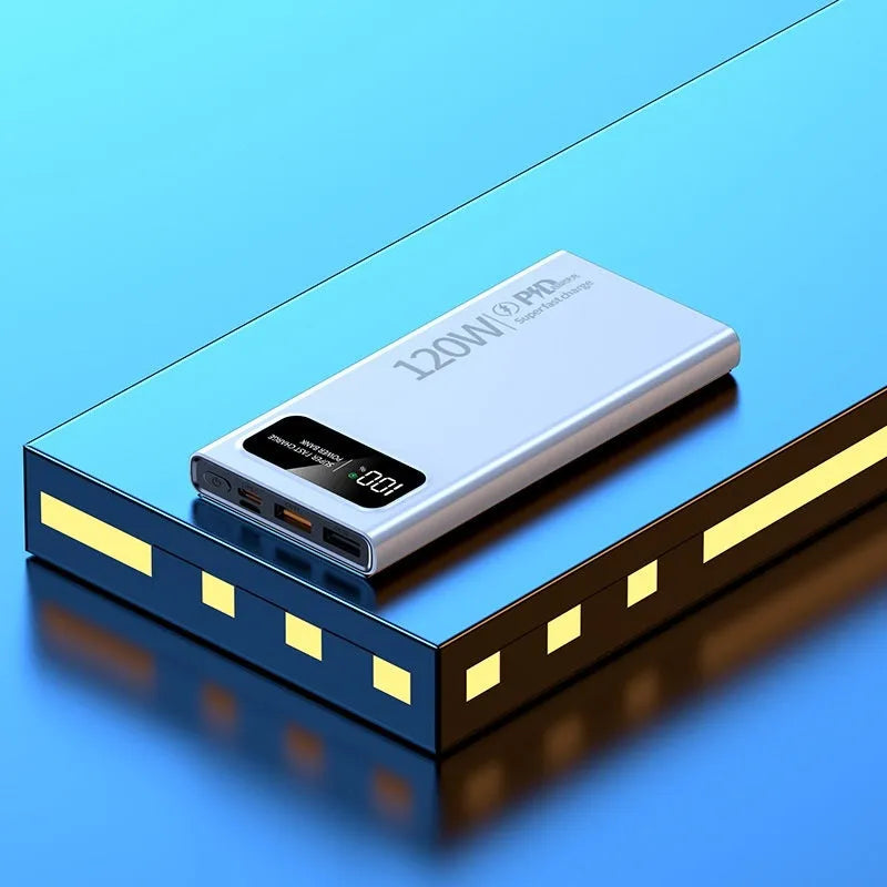 120W 20000 MA super fast charge power bank in cool black, slim plastic case with LED indicator