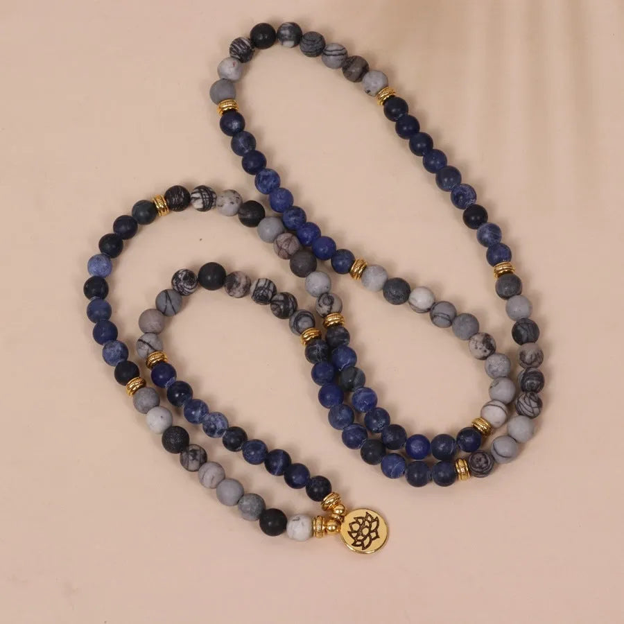 Blue multi layer alloy bracelet with patterned network stone beads