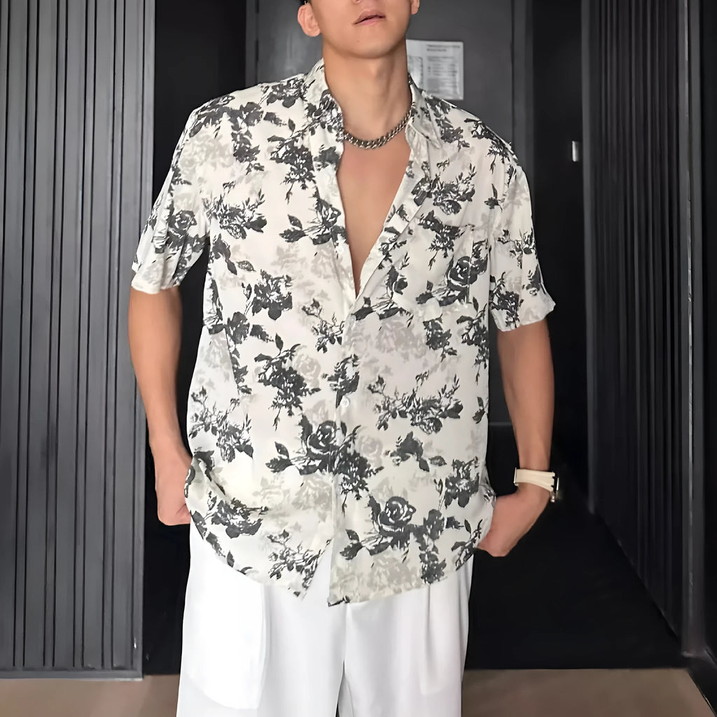 Short sleeve floral print shirt in black or white with loose casual fit