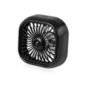 Compact black USB car fan with three speed buttons and charging cable