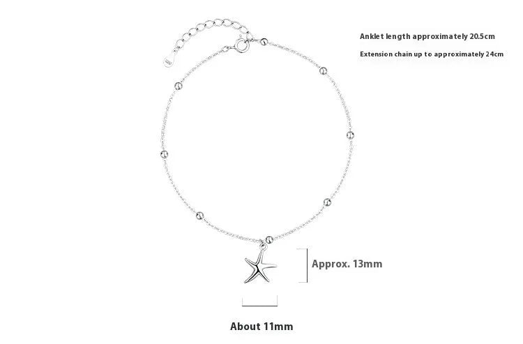Women's sterling silver S925 anklet with a starfish charm and round bead on an adjustable chain.