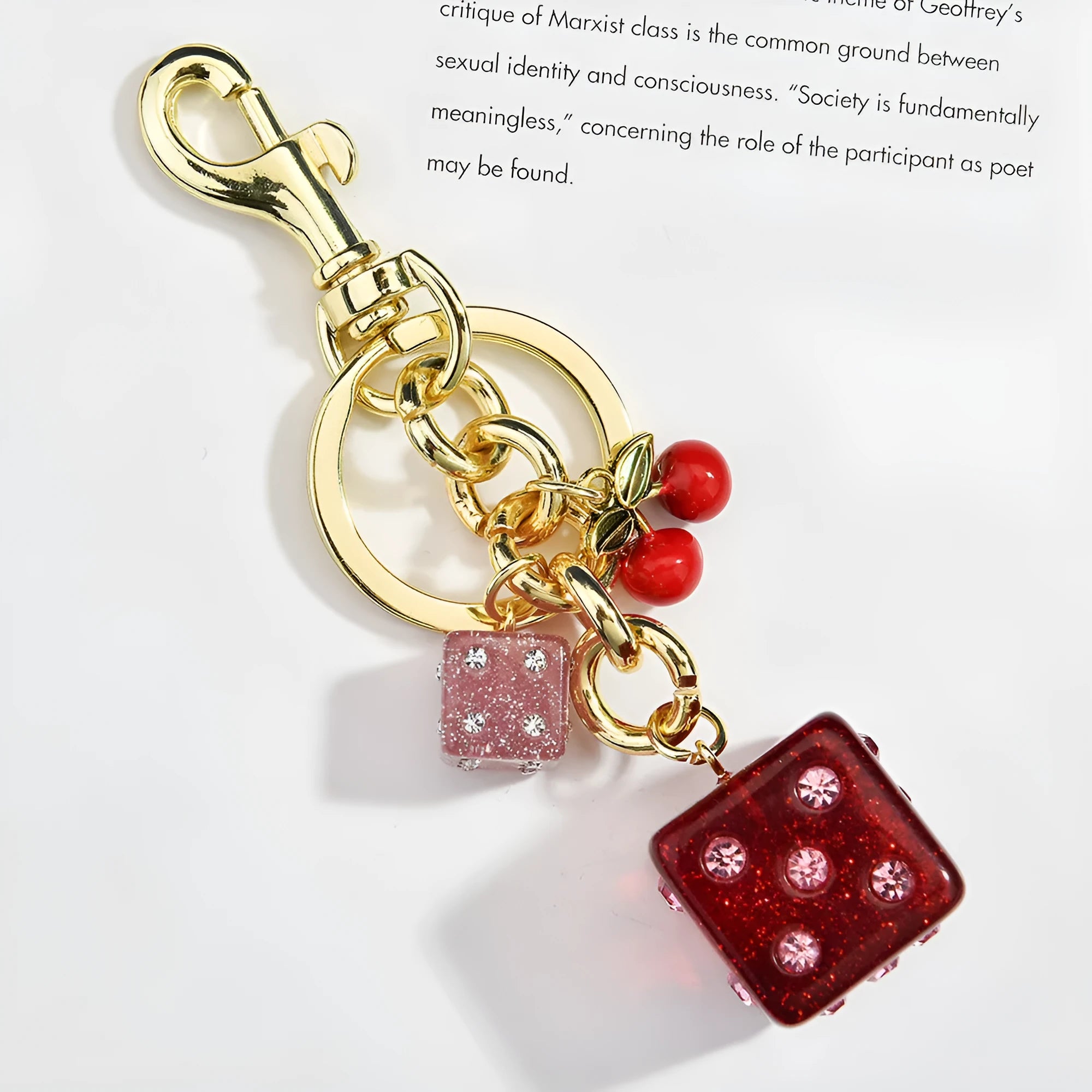 Square metal dice bag keychain pendant with cherry two-tone electroplated finish
