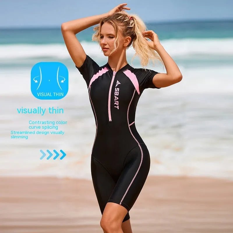 Solid colour quick-dry women's one-piece swimsuit with chest pad for surfing.