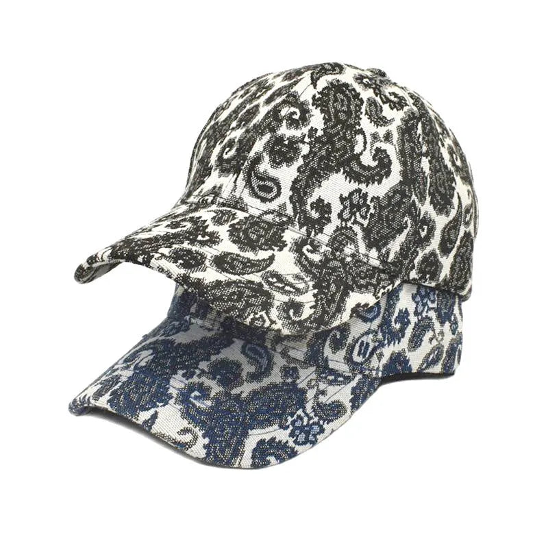 Blue polyester baseball cap with paisley pattern print and dome crown style