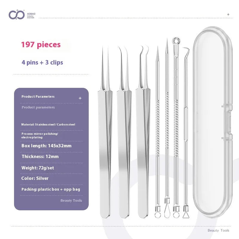 Four silver metal acne needles with fine pointed tips laid out on a flat surface.