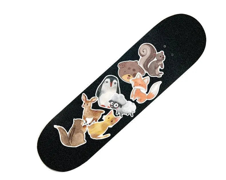 Set of 36 large retro-themed beach and surfing stickers on a sheet, ranging from 6 to 10 cm in size.