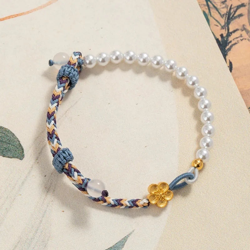 Peach coloured adjustable bracelet with chalcedony beads and Chinese flower weaving in sterling silver