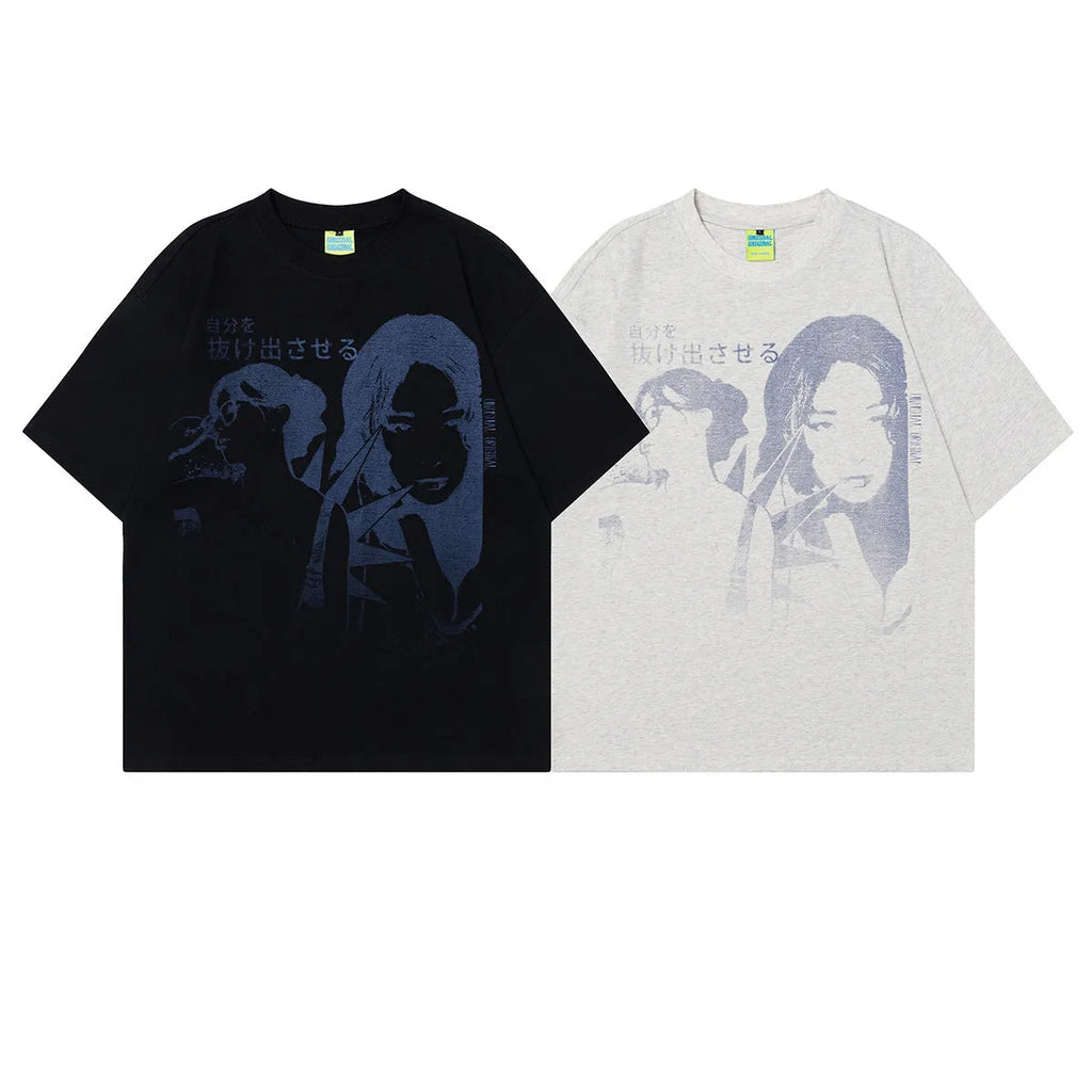 Men's grey retro character print cotton T-shirt with short sleeves and loose fit
