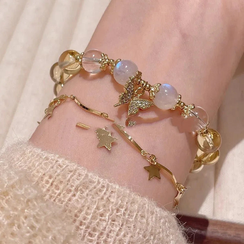 Women's moonstone white crystal beaded bracelet with Chinese style design and citrine butterfly pendant
