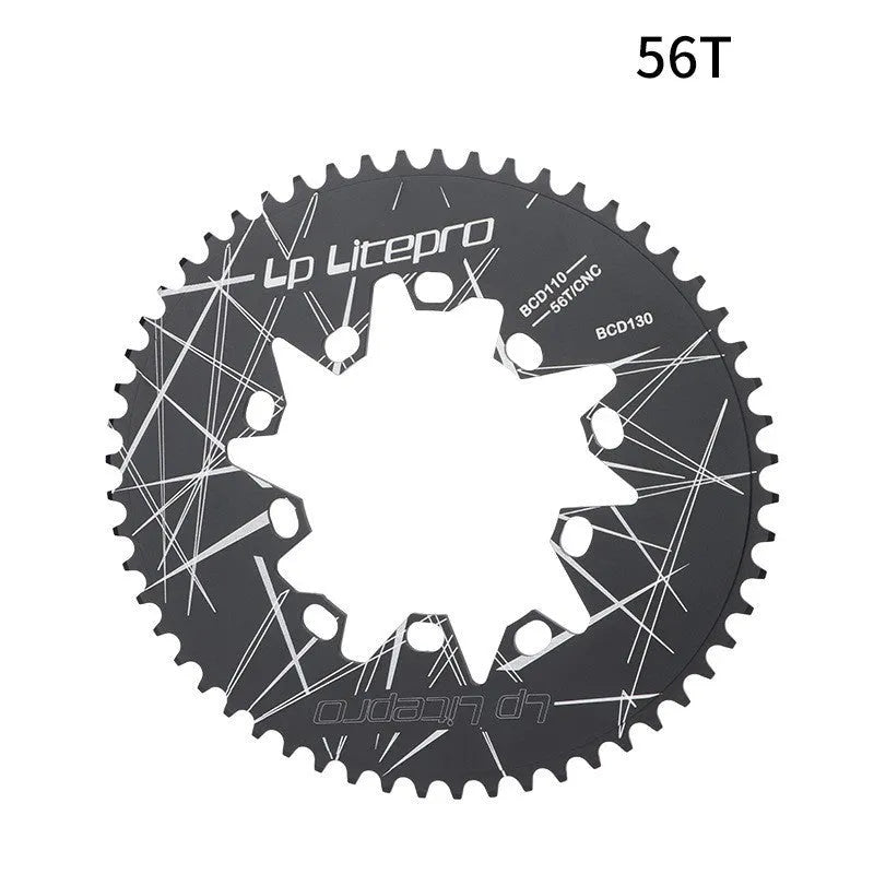 Silver aluminium alloy oval bicycle chainring with CNC machining marks on a white background