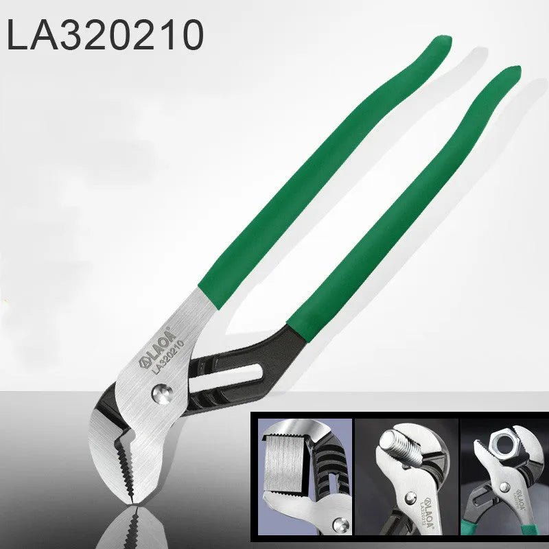Adjustable water pipe wrench set showing four size options with CR-V steel construction and multi-gear adjustment mechanism