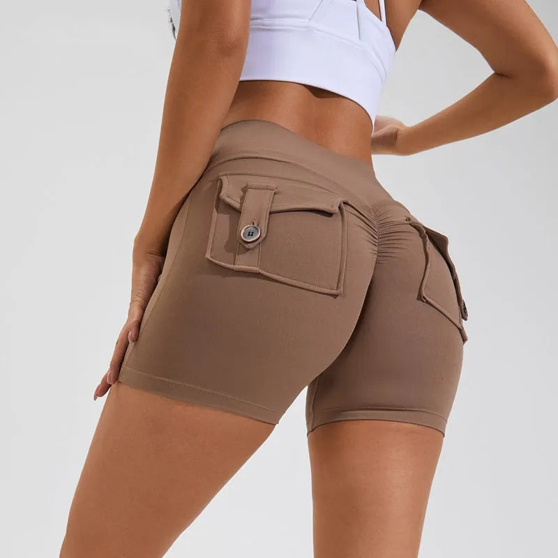Women's high waist hip lifting shorts with side pockets in quick-dry nylon fabric