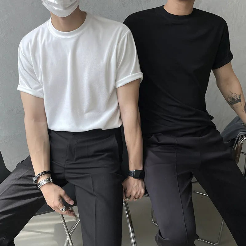 Men's slim fit cotton t-shirt in black on a white background.