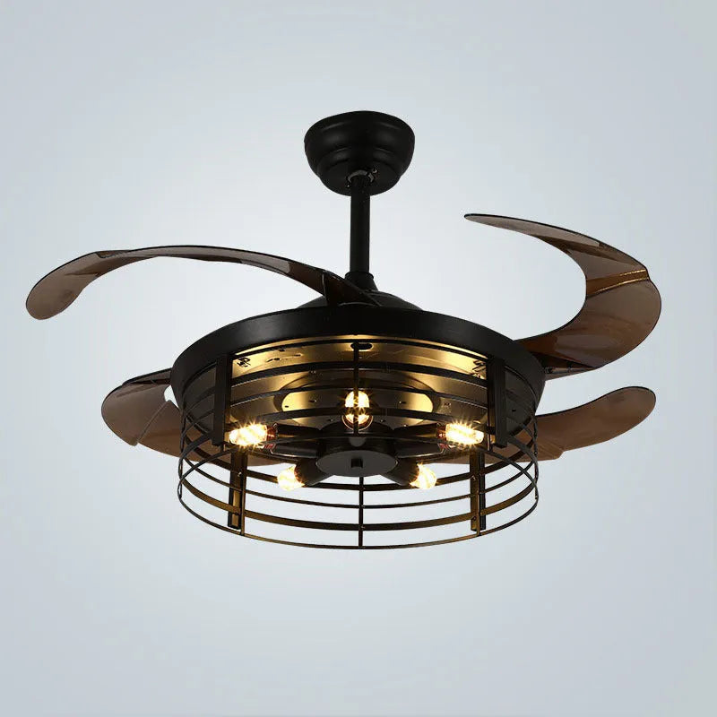 Industrial retro ceiling fan lamp with integrated light and acrylic blades, remote control included.