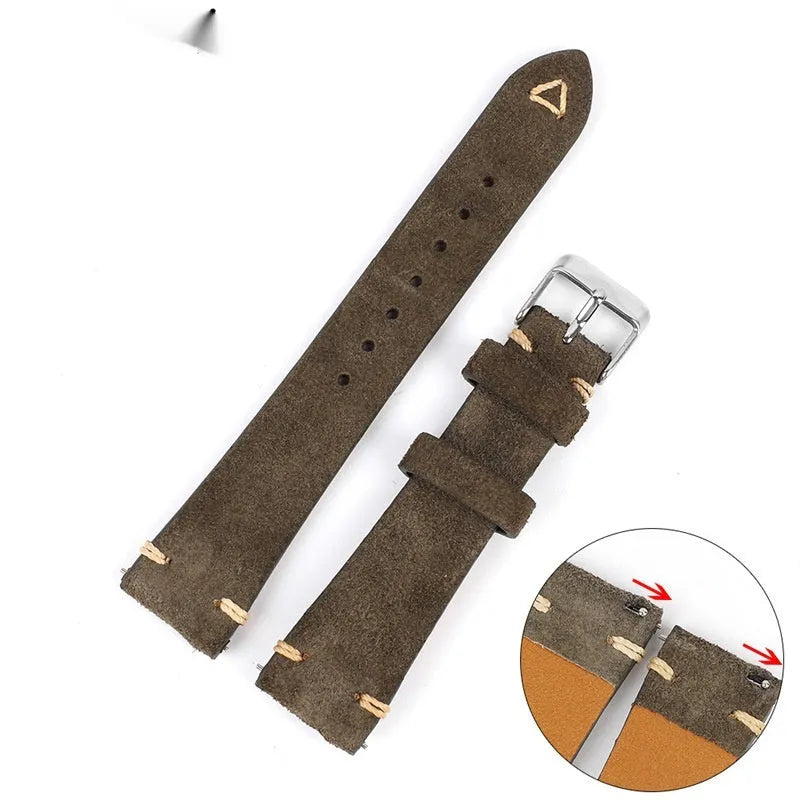 Genuine suede leather watch strap in brown blue gray army green colours small waist design