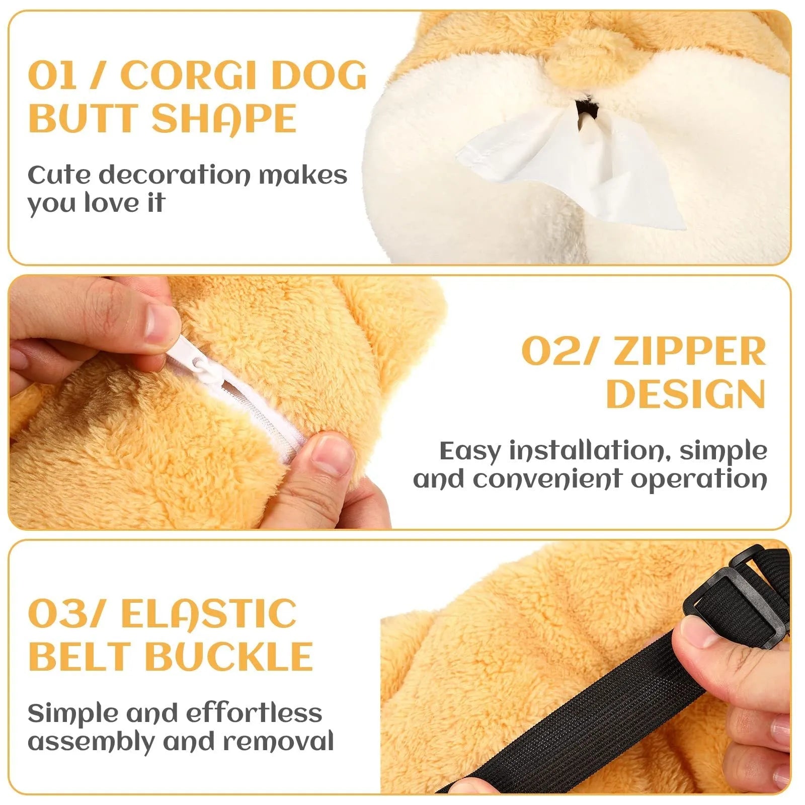 Yellow soft corgi butt-shaped tissue box cover with elastic strap for car sun visor
