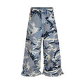 Blue snow camouflage pattern loose fit jeans with mid waist design and micro-elastic denim fabric