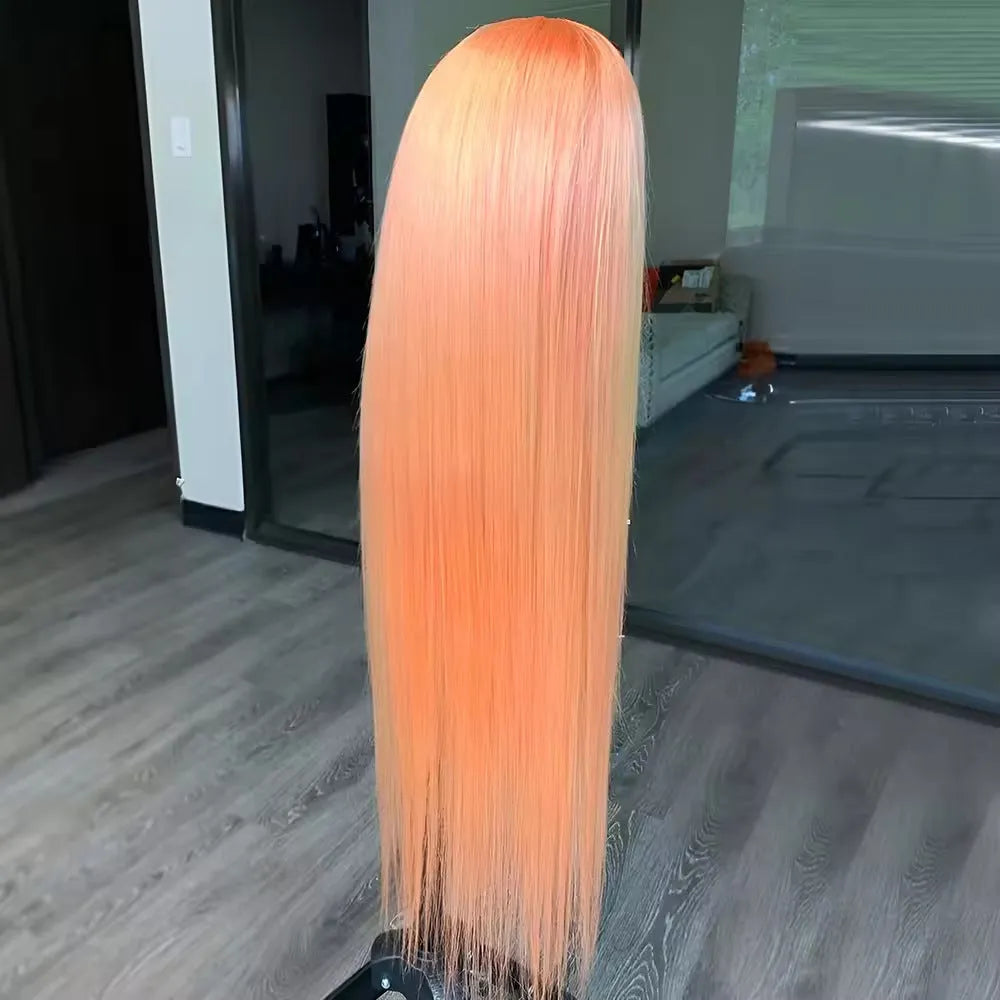 Light orange long straight lace front synthetic wig with side bangs on a mannequin head