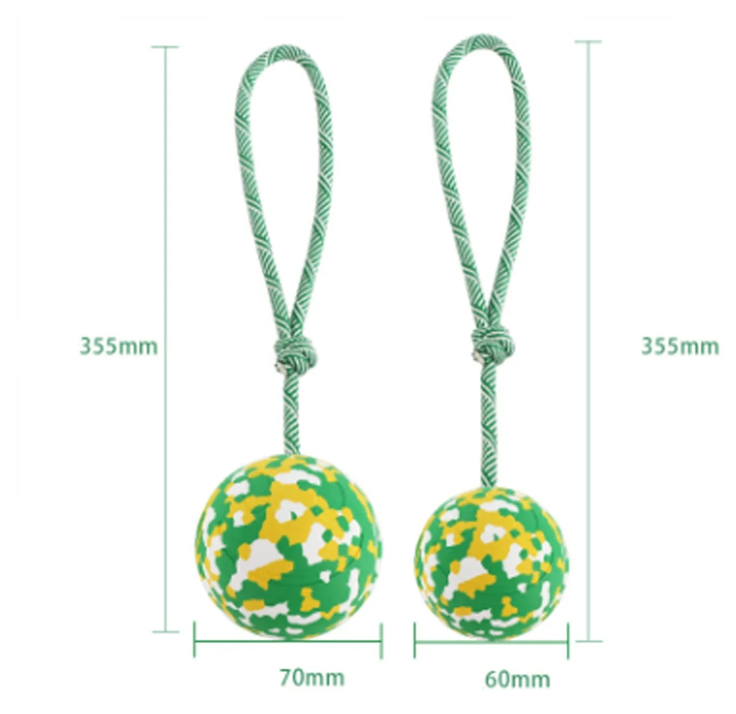 Natural rubber dog ball attached to a blue nylon rope for fetch and tug games.