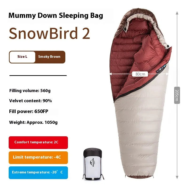 Mummy style goose down sleeping bag with storage bag in various colour options